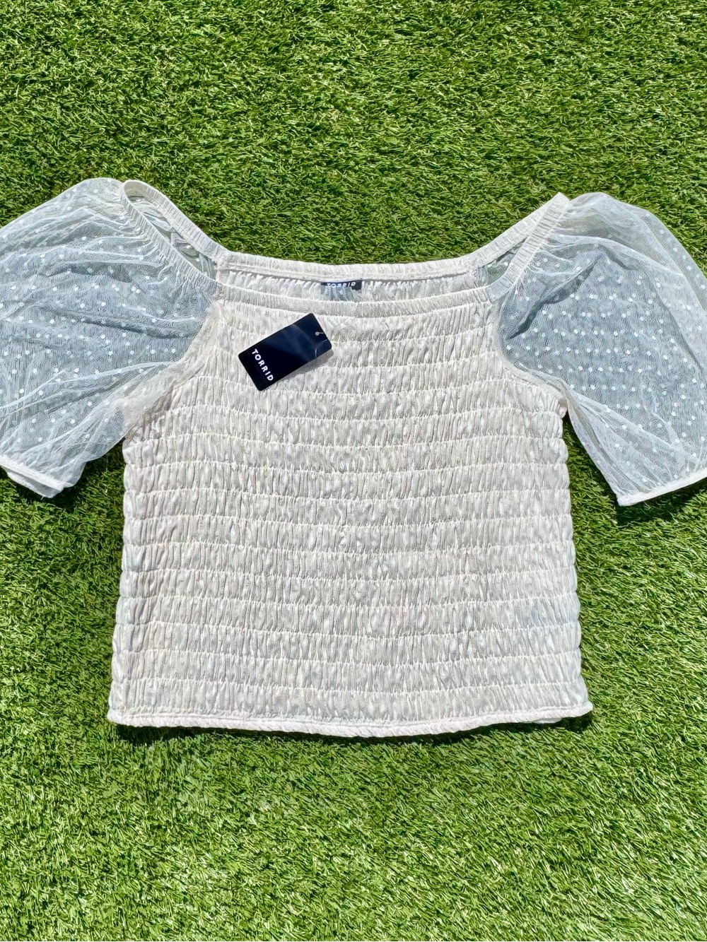 Torrid Smocked Square Neck Mesh Polka Dot Puff Sleeve Crop Top White Women’s 1X